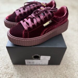 Puma Red Velvet Platform Sneakers with Gold Accent